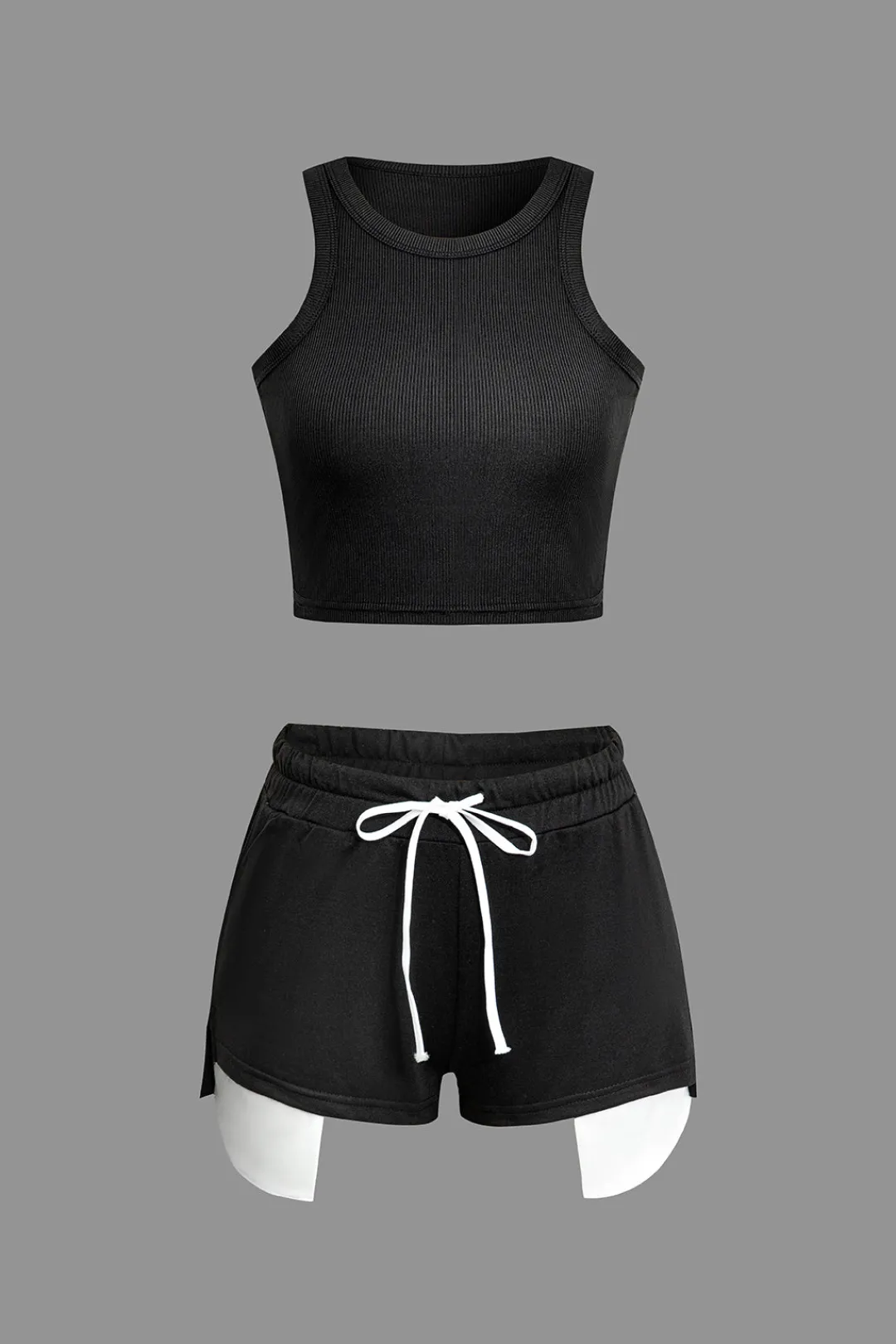 MICAS Short Sets-Color Block Side Slit Waist Short Set BLACK