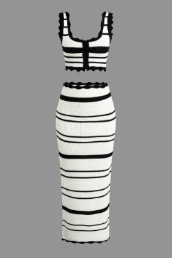 MICAS Knitwear|Vacation Sets-Color Block Stripe Knit Cami Top And Skirt Set Contrast Color