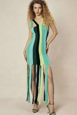 MICAS Knit Dresses-Colorblock Fringe Hem Sleeveless Knit Dress