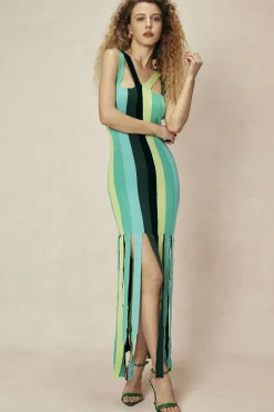 MICAS Knit Dresses-Colorblock Fringe Hem Sleeveless Knit Dress