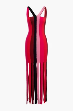 MICAS Knit Dresses-Colorblock Fringe Hem Sleeveless Knit Dress