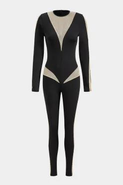 MICAS Jumpsuits & Rompers-Colorblock Patchwork High Waist Long Sleeve Jumpsuit BLACK