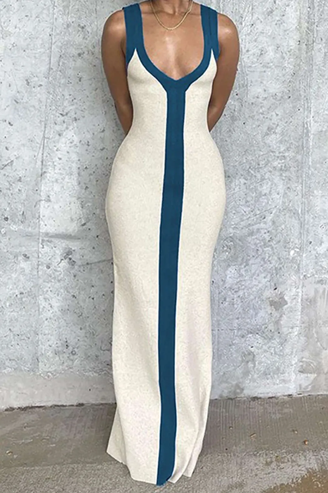 MICAS Maxi Dresses-Colorblock V-neck Ribbed Split Maxi Dress