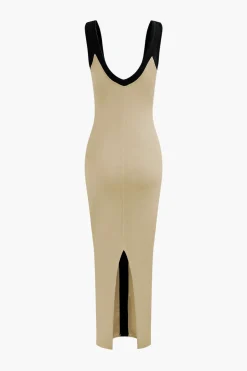 MICAS Maxi Dresses-Colorblock V-neck Ribbed Split Maxi Dress