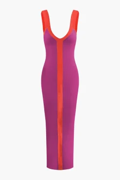MICAS Maxi Dresses-Colorblock V-neck Ribbed Split Maxi Dress