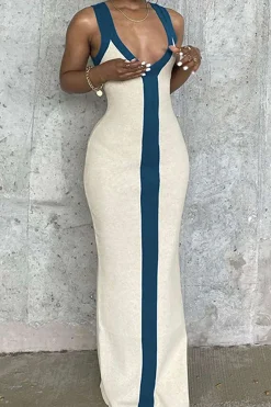 MICAS Maxi Dresses-Colorblock V-neck Ribbed Split Maxi Dress