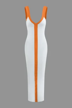 MICAS Maxi Dresses-Colorblock V-neck Ribbed Split Maxi Dress