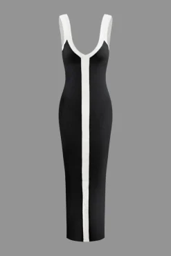 MICAS Maxi Dresses-Colorblock V-neck Ribbed Split Maxi Dress