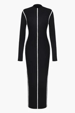 MICAS Long Sleeve Dresses|Midi Dresses-Color-Blocked Long Sleeve Midi Dress BLACK