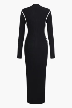 MICAS Long Sleeve Dresses|Midi Dresses-Color-Blocked Long Sleeve Midi Dress BLACK