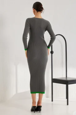 MICAS Knit Dresses-Contrast Cut Out Knit Dress DARK GRAY