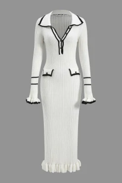 MICAS Knitwear|Knit Dresses-Contrast Bell Sleeve Knit Midi Dress IVORY