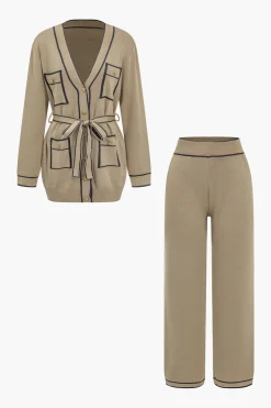 MICAS Knitwear|Knit Sets-Contrast Binding Knit Top And Pants Set KHAKI