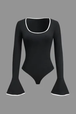 MICAS Bodysuits-Contrast Binding Long Sleeve Bell Sleeve Bodysuit BLACK