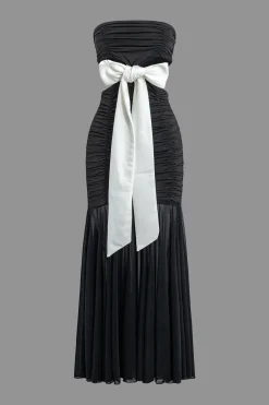 MICAS Maxi Dresses-Contrast Bowtie Cut Out Strapless Ruched Maxi Dress BLACK