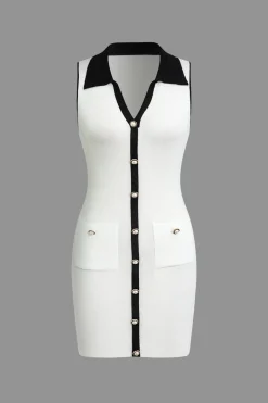 MICAS Knit Dresses-Contrast Button Up Collared Sleeveless Knit Mini Dress WHITE