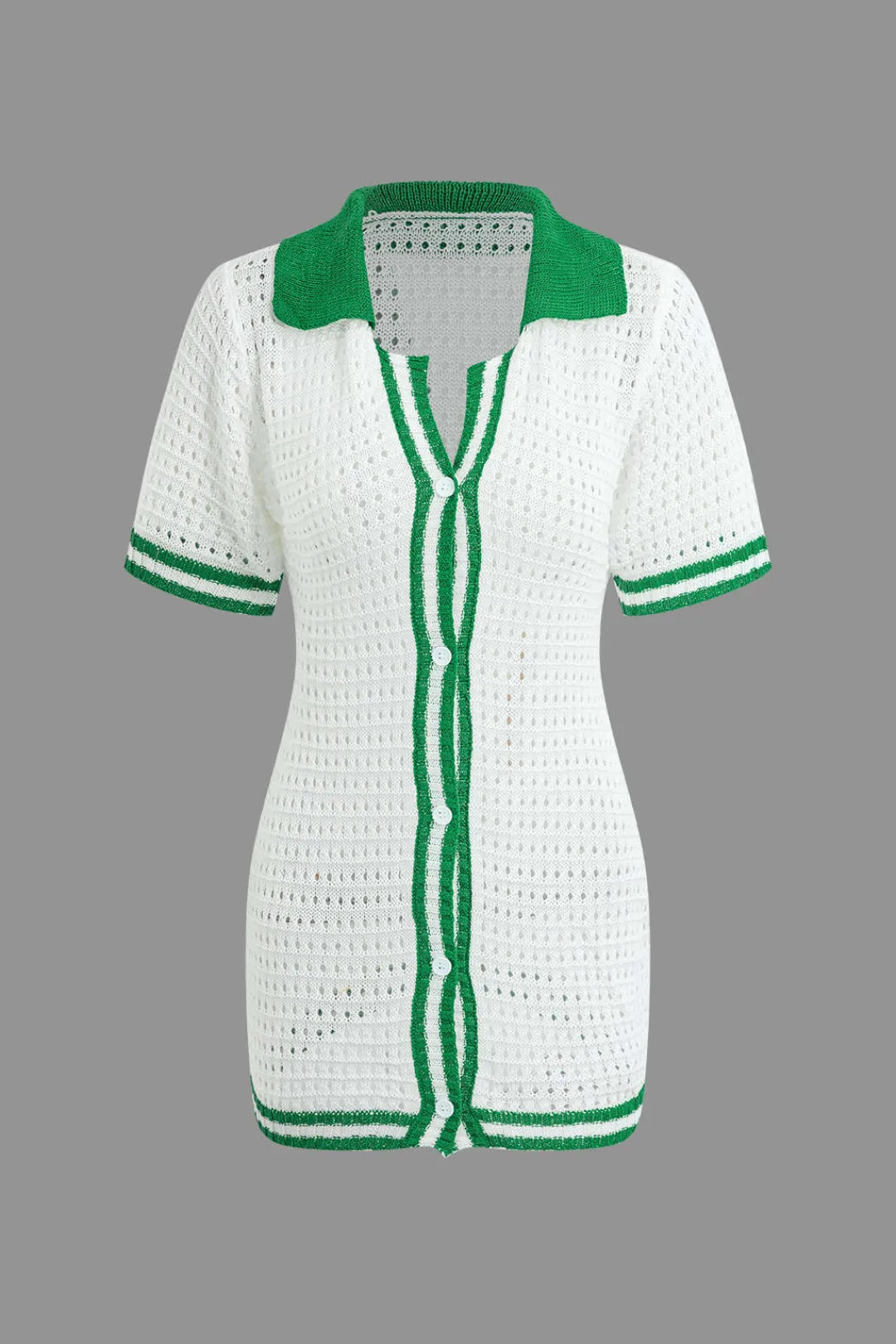 MICAS Knit Dresses-Contrast Button Up Short Sleeve Cardigan Hollow Out Knit Mini Dress Contrast Color