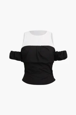 MICAS T-Shirts-Contrast Cold Shoulder Tee BLACK