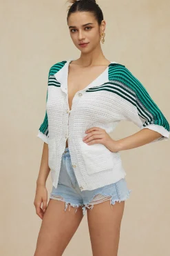 MICAS Knitwear|Knit Tops-Contrast Crochet Short Sleeve Top WHITE