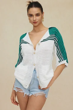 MICAS Knitwear|Knit Tops-Contrast Crochet Short Sleeve Top WHITE