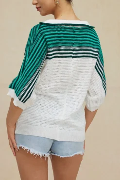 MICAS Knitwear|Knit Tops-Contrast Crochet Short Sleeve Top WHITE