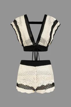 MICAS Knit Sets-Contrast Crochet V-Neck Knit Shorts Set