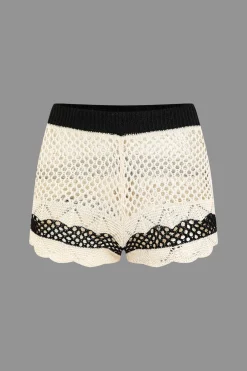 MICAS Knit Sets-Contrast Crochet V-Neck Knit Shorts Set
