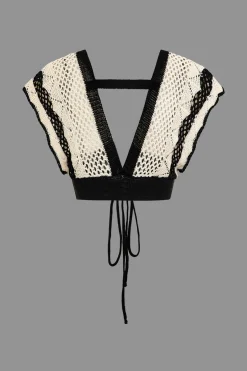 MICAS Knit Sets-Contrast Crochet V-Neck Knit Shorts Set