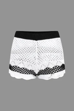 MICAS Knit Sets-Contrast Crochet V-Neck Knit Shorts Set