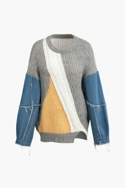 MICAS Knitwear|Knit Tops-Contrast Denim Stitching Round Neck Sweater