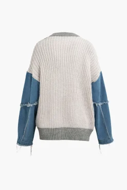 MICAS Knitwear|Knit Tops-Contrast Denim Stitching Round Neck Sweater