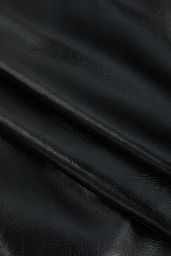 MICAS Skirts-Contrast Faux Leather And Linen Slit Asymmetrical Skirt