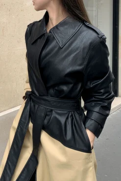 MICAS Outerwear|Outerwear-Contrast Faux Leather Patchwork Pocket Belted Coat TAN