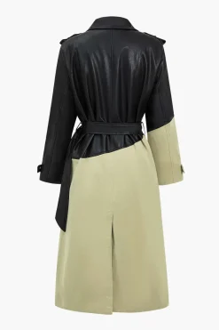 MICAS Outerwear|Outerwear-Contrast Faux Leather Patchwork Pocket Belted Coat TAN