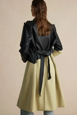 MICAS Outerwear|Outerwear-Contrast Faux Leather Patchwork Pocket Belted Coat TAN