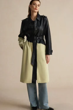 MICAS Outerwear|Outerwear-Contrast Faux Leather Patchwork Pocket Belted Coat TAN