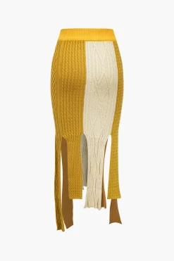 MICAS Knitwear|Skirts-Contrast Fringe Hem Knit Midi Skirt