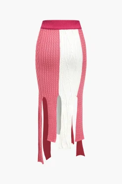 MICAS Knitwear|Skirts-Contrast Fringe Hem Knit Midi Skirt