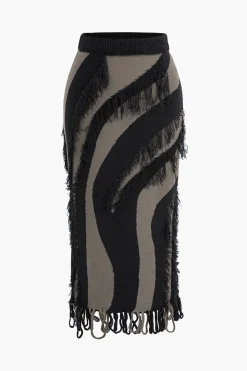 MICAS Skirts-Contrast Fringe Skirt BLACK