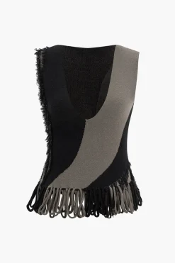 MICAS Knitwear|Knit Tops-Contrast Fringe Sweater Tank Top BLACK