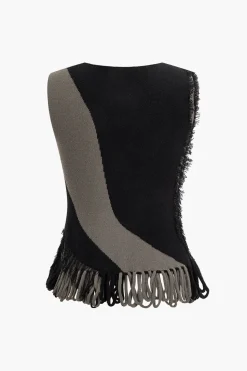 MICAS Knitwear|Knit Tops-Contrast Fringe Sweater Tank Top BLACK