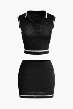 MICAS Skirt Sets|Vacation Sets-Contrast Hollow Out Tank Top And Mini Skirt Set