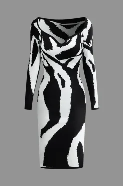 MICAS Long Sleeve Dresses|Knitwear-Contrast Knit Long Sleeve Dress BLACK