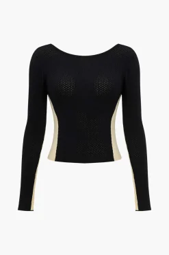 MICAS Knit Tops-Contrast Knit Backless Patchwork Long-Sleeve Top BLACK