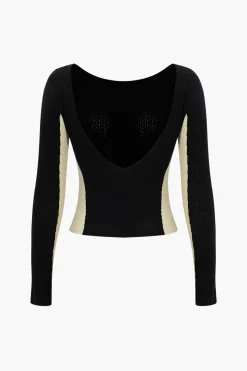 MICAS Knit Tops-Contrast Knit Backless Patchwork Long-Sleeve Top BLACK
