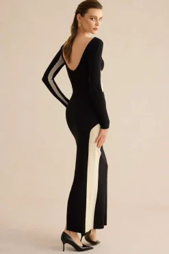 MICAS Knit Tops-Contrast Knit Backless Patchwork Long-Sleeve Top BLACK