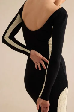 MICAS Knit Tops-Contrast Knit Backless Patchwork Long-Sleeve Top BLACK