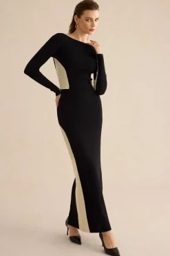 MICAS Knit Tops-Contrast Knit Backless Patchwork Long-Sleeve Top BLACK