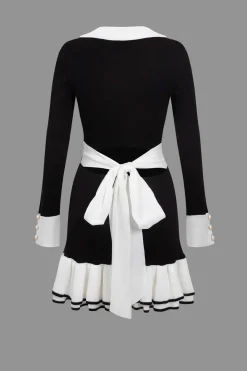 MICAS Long Sleeve Dresses|Knitwear-Contrast Knit Bowknot Back Pleated Mini Dress