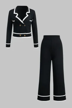 MICAS Knitwear|Knit Sets-Contrast Knit Button Cardigan And Pants Set BLACK
